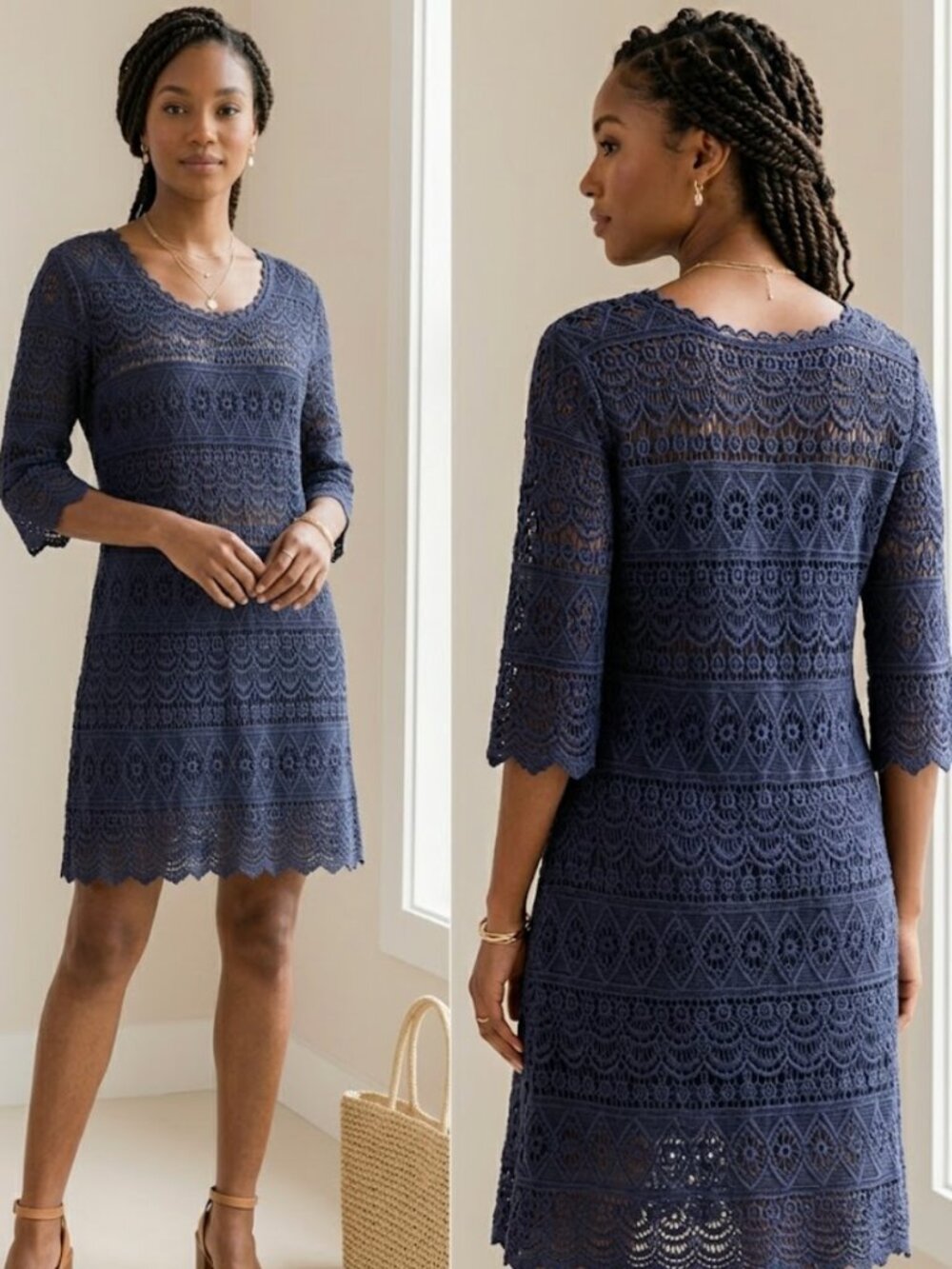 NEW Solitaire Navy Lace Crochet Shift Boho Dress SZ L